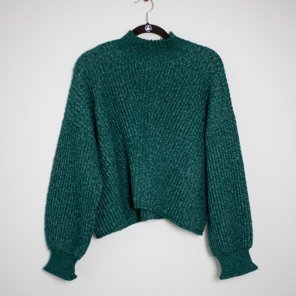 Green Sweater Cropped Chunky Knit with Balloon Sleeves L/XL